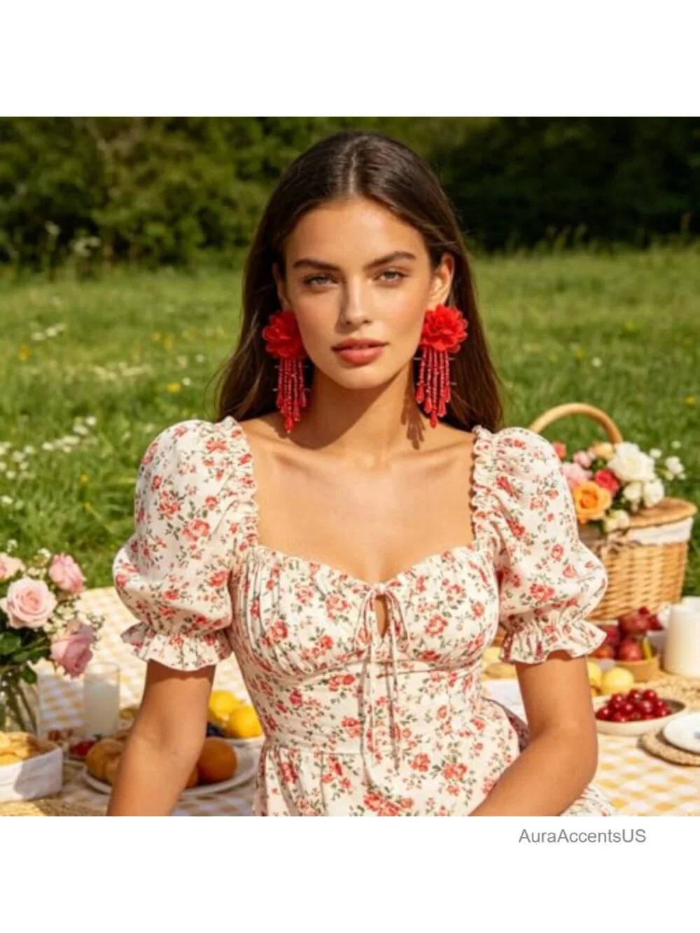 Fabric Flower Tassel Drop Earrings Boho Wedding Prom Statement Jewelry